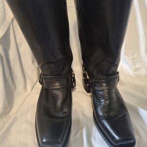 Frye 12R Black Leather Knee-High Boots with Buckled Harness